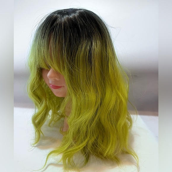 GREEN OMBRE WAVY WIG ISABELLA Green and Black Wavy Ombre Wig with Bangs - Picture 4 of 7